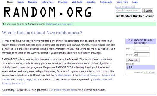 O número sorteado foi 187! | Foto: Random.org